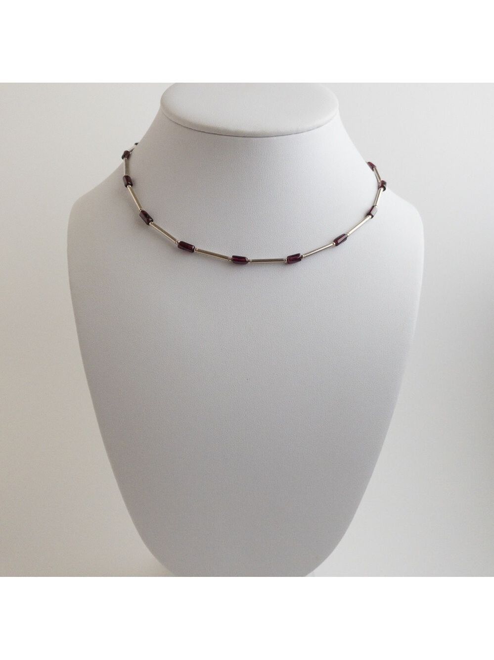 925 Sterling Silver Red Garnet Tube Bar Link Chain Necklace